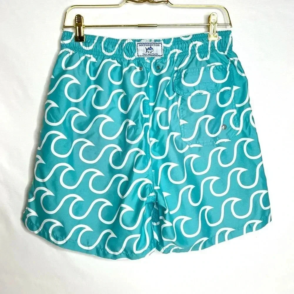 Southern Tide Swim Short Size Small  Wave Pattern Trunk Teal White